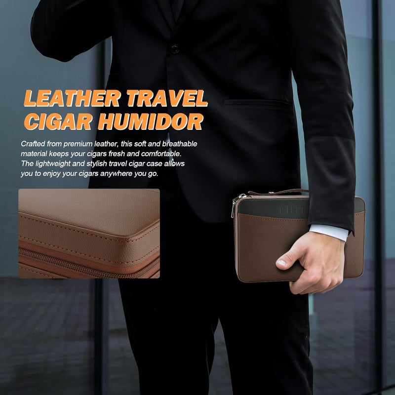 LIHTUN Cigar Humidor, Leather Cedar Wood Travel Cigar Case and Multifunctional in 1 Cigar Lighter Set Portable Travel Humidor Box Cigar Gift for Men (Brown) - Image 5